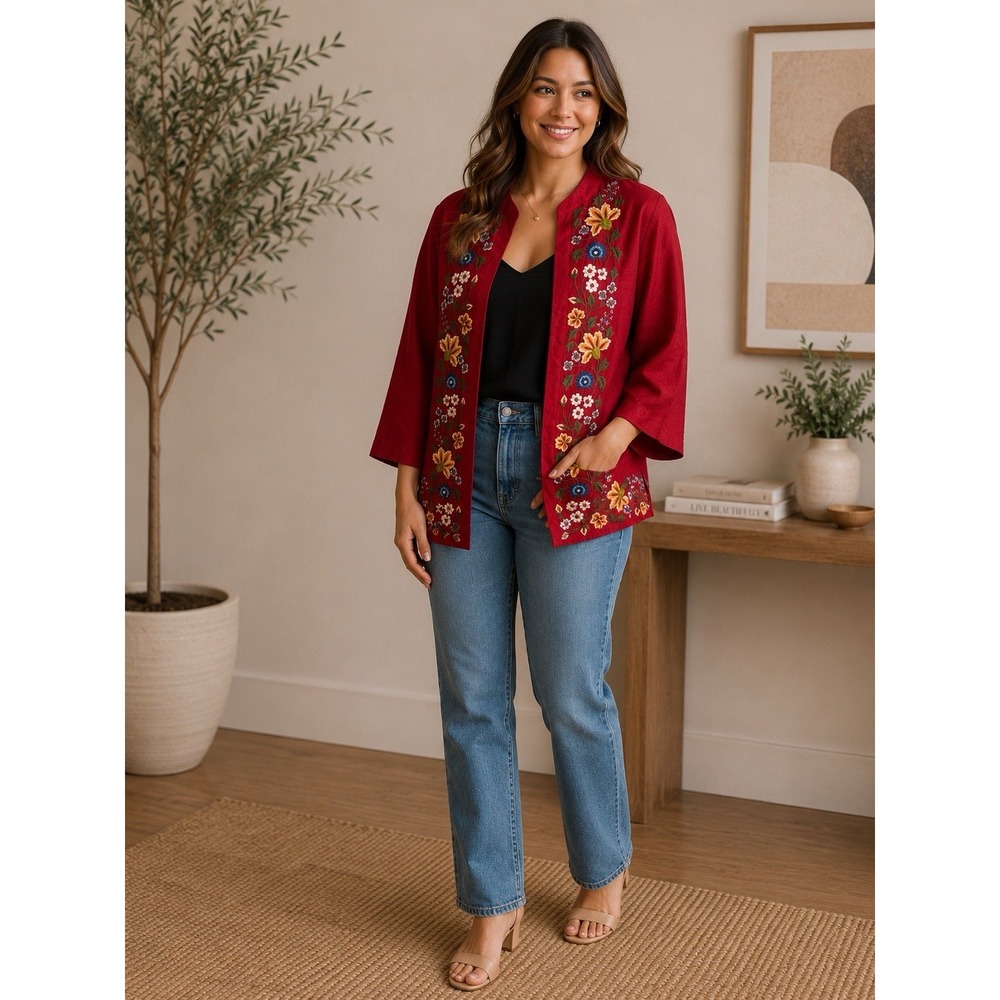 Handprint 100% Silk Embroidered Floral Jacket Womens Small Red India -3667